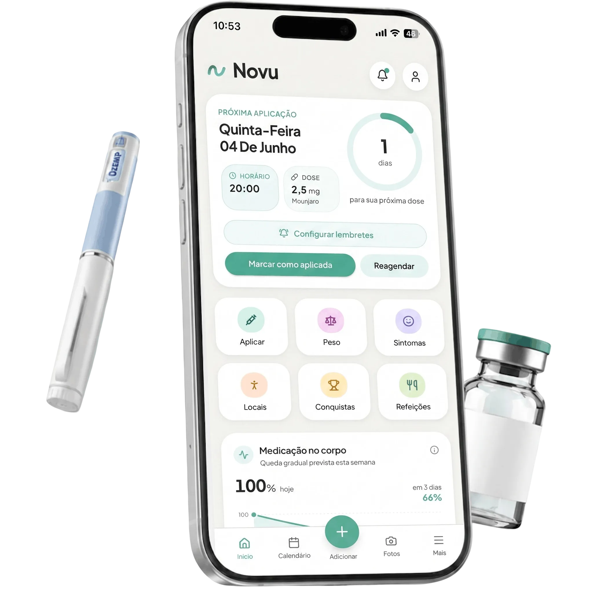 Tela inicial do app Novu GLP Care com o resumo do tratamento e o gráfico de peso